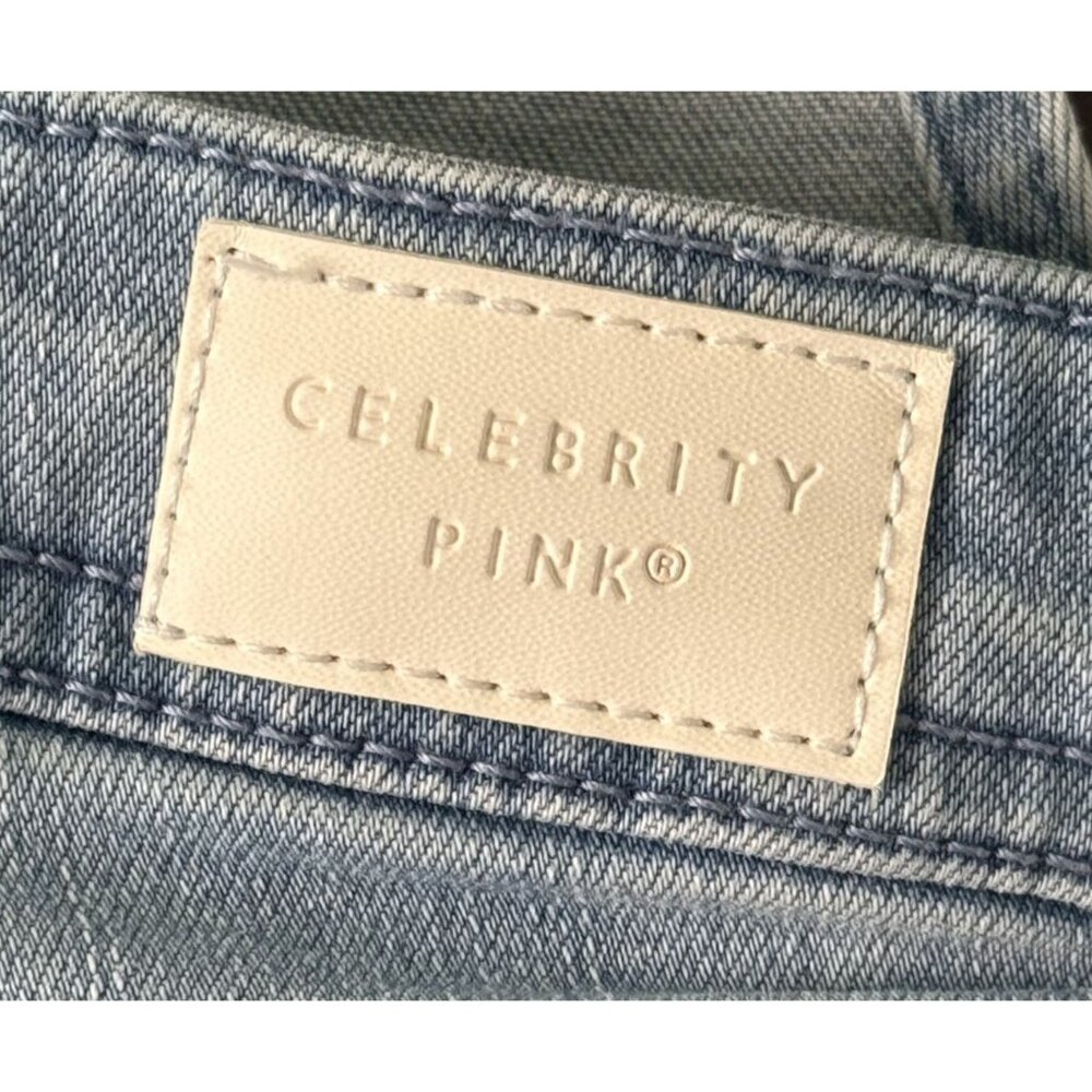 Celebrity Pink Light Wash Distressed Denim Overall Shorts Large Rolled Hem - Picture 8 of 8